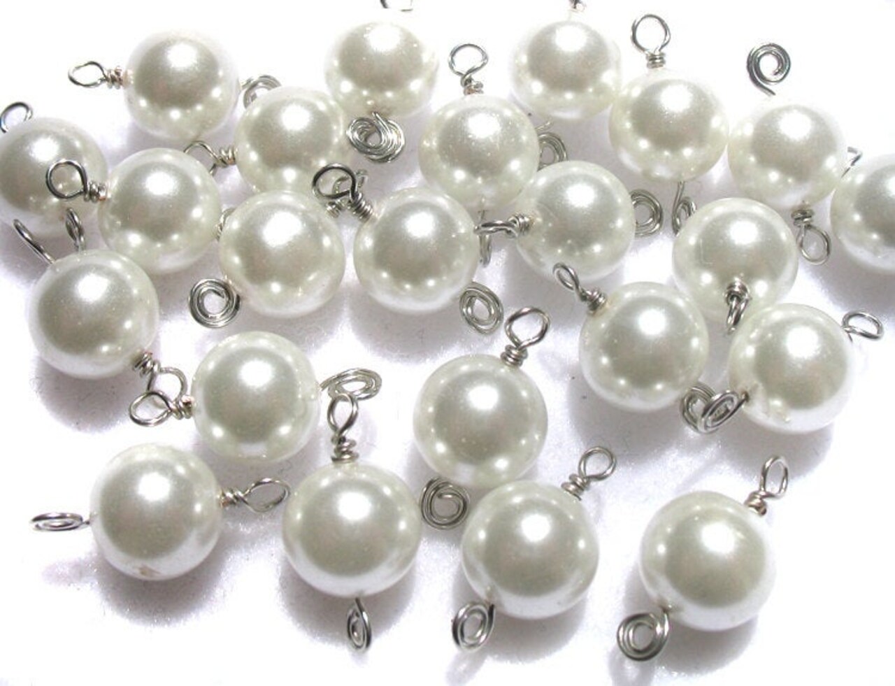 White Bead Charms - Beautiful White Glass Pearl Bead Dangles 8mm Bracelet Charms